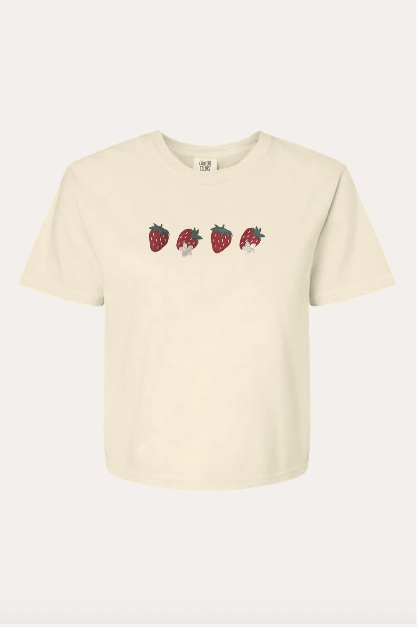 Strawberry Cottagecore Women's Boxy Embroidered Tshirt