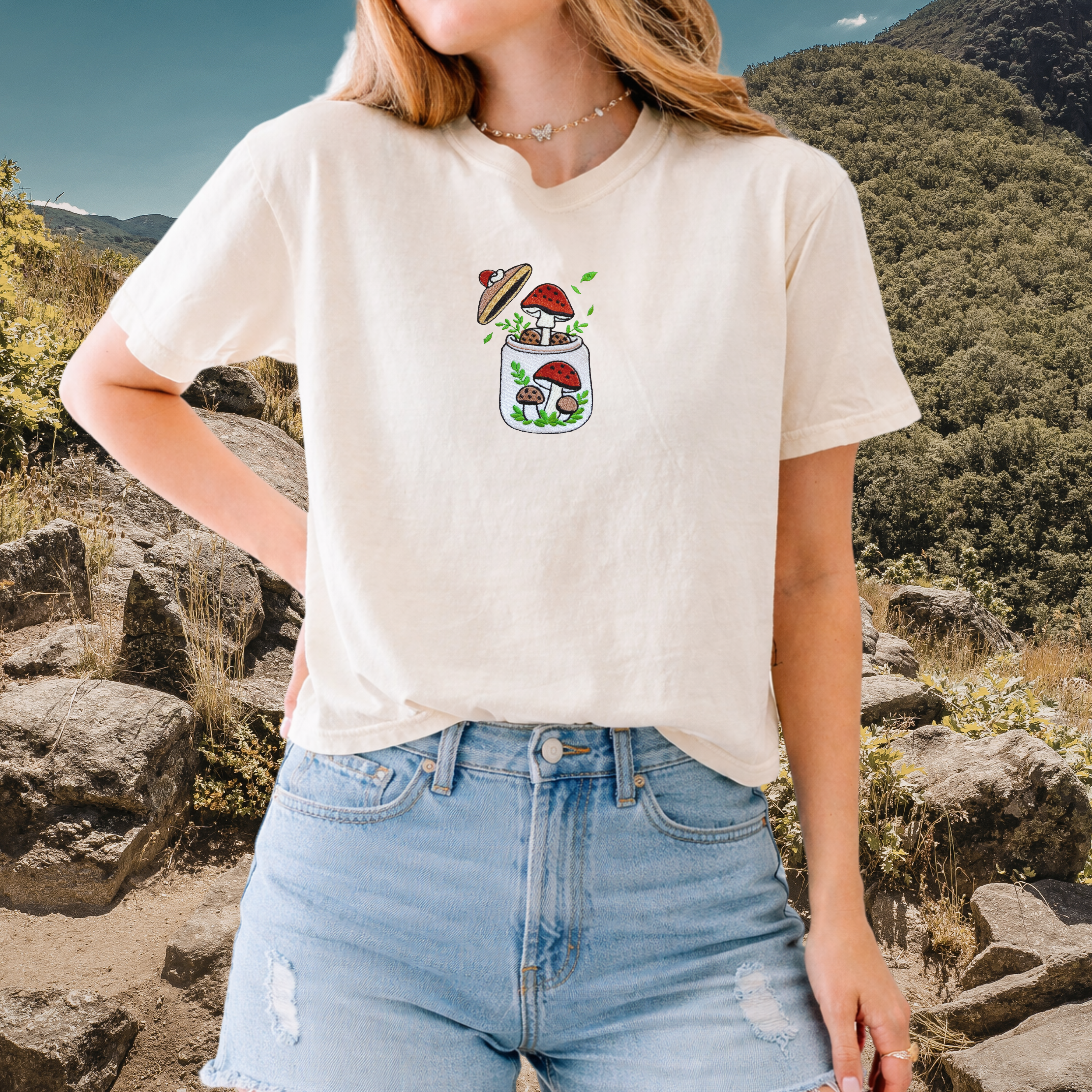 Vintage Mushroom Jar Embroidered Tshirt
