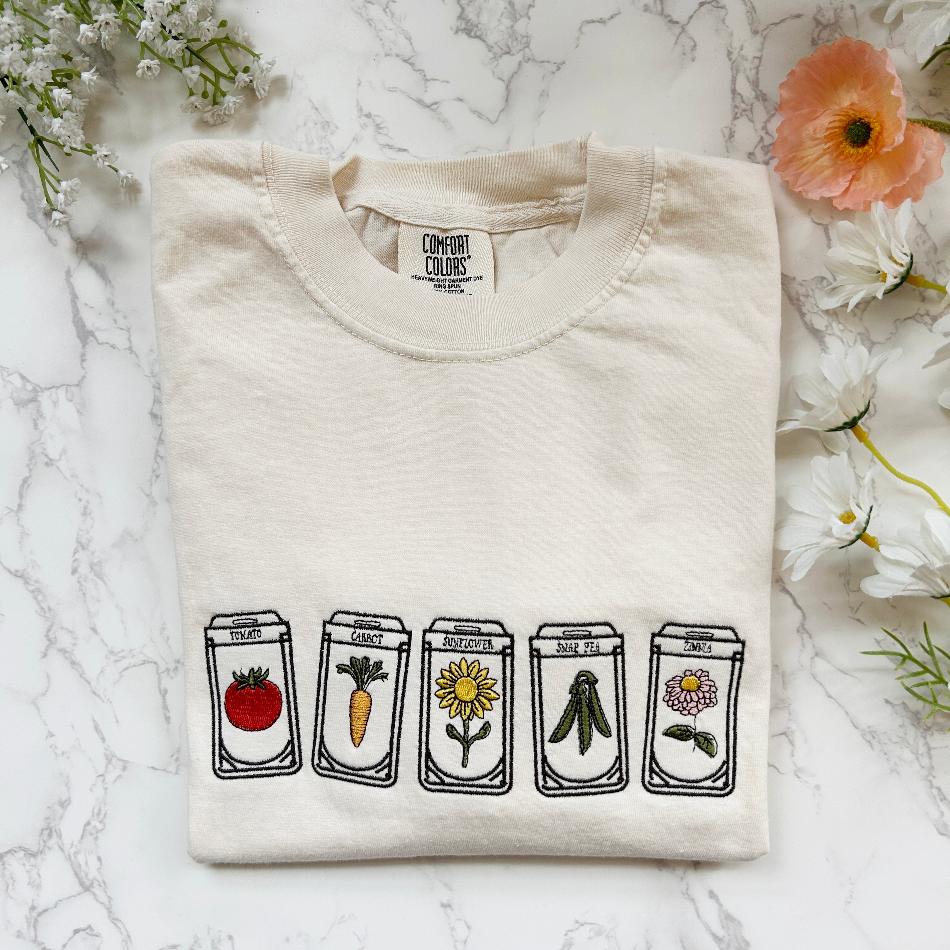 plant seeds grow gardens shirt Garden Seed Packet Embroidered Tshirt Large / Ivory / Women's Boxy Crop