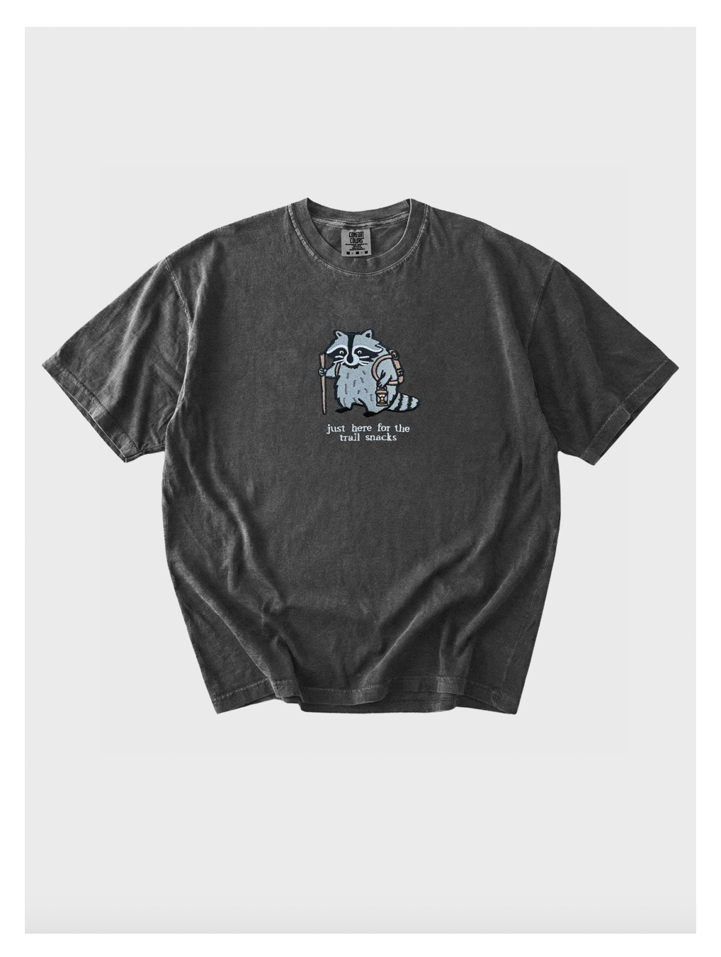 Here for the Trail Snacks Raccoon Embroidered Tshirt